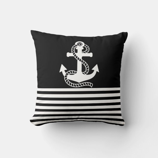 Nautical Black White Stripes and White Anchor Cushion (Front)