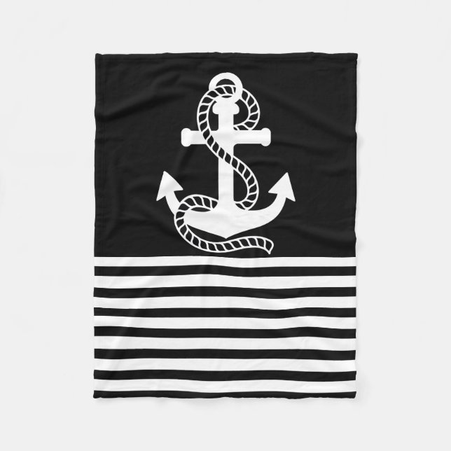 Nautical Black White Stripes and White Anchor Fleece Blanket (Front)