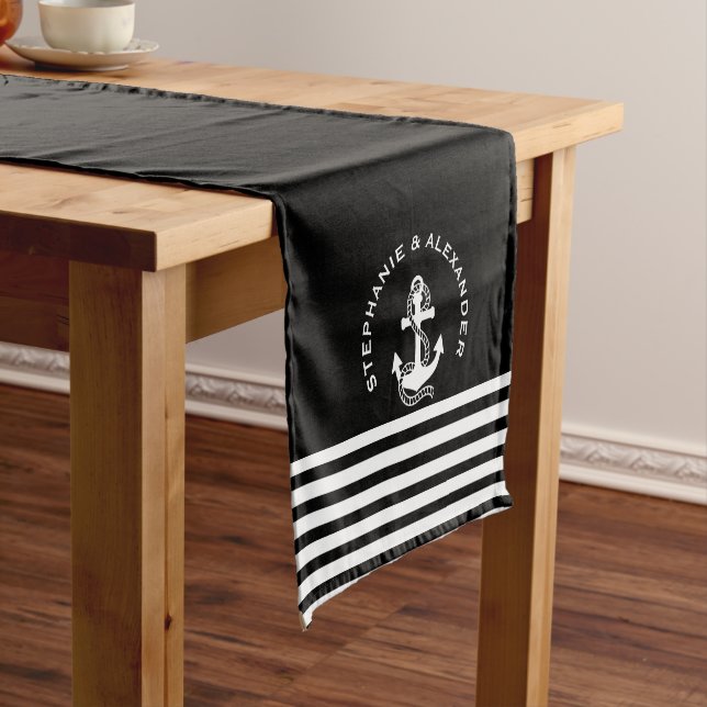 Nautical Black White Stripes & White Anchors Short Table Runner (In Situ)
