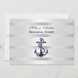 Nautical Blu Anchor Silver Wht BG H Rehearsal Din Invitation