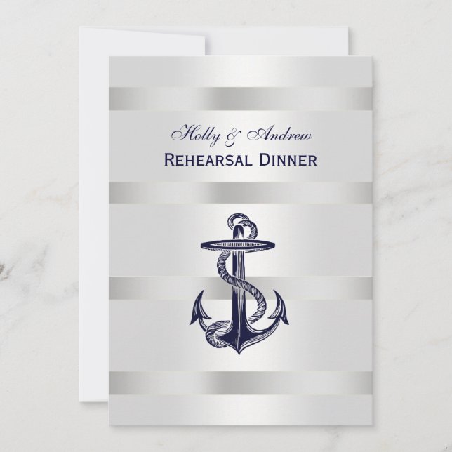 Nautical Blu Anchor Silver Wht BG V Rehearsal Din Invitation (Front)