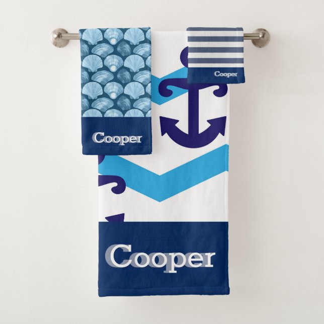 Nautical Blue Anchor Bathroom Ocean Custom Name Bath Towel Set (Insitu)
