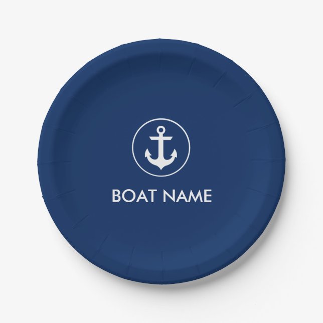 Nautical Blue Anchor Boat Name Paper Plates NB (Front)