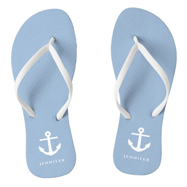 Nautical Blue Anchor Custom Name  Flip Flops (Footbed)