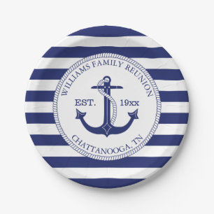 Nautical Blue Anchor Family Reunion Navy Stripes Paper Plate