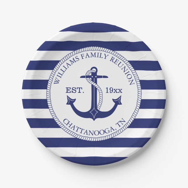 Nautical Blue Anchor Family Reunion Navy Stripes Paper Plate (Front)