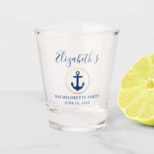 Nautical Blue Anchor Gold Ring Bachelorette Party Shot Glass (Front)