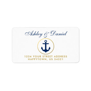 Nautical Blue Anchor Gold Ring Wedding Address Label