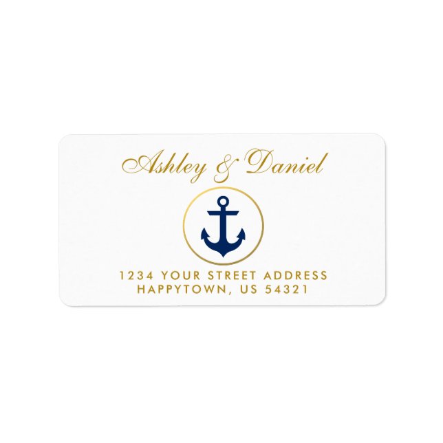 Nautical Blue Anchor Gold Wedding Address Label (Front)
