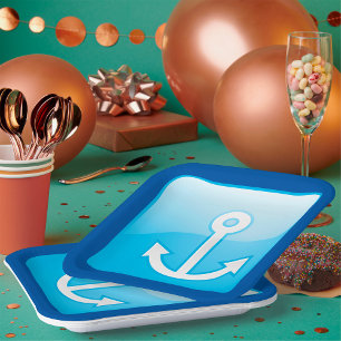 Nautical Blue Anchor Icon Modern Maritime  Paper Plate