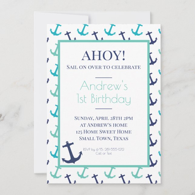Nautical Blue Anchor Invitation (Front)
