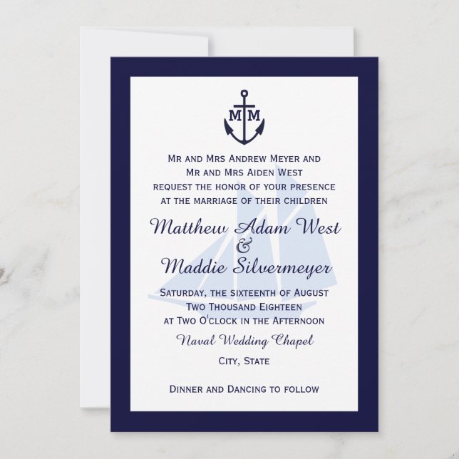Nautical Blue Anchor Monogram Wedding Invitations (Front)