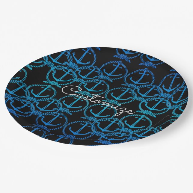 Nautical Blue Anchor Motif Paper Plates (Angled)