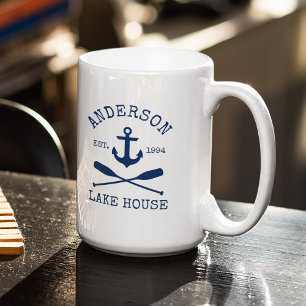 Nautical Blue Anchor Oars Lake House Name Large Coffee Mug