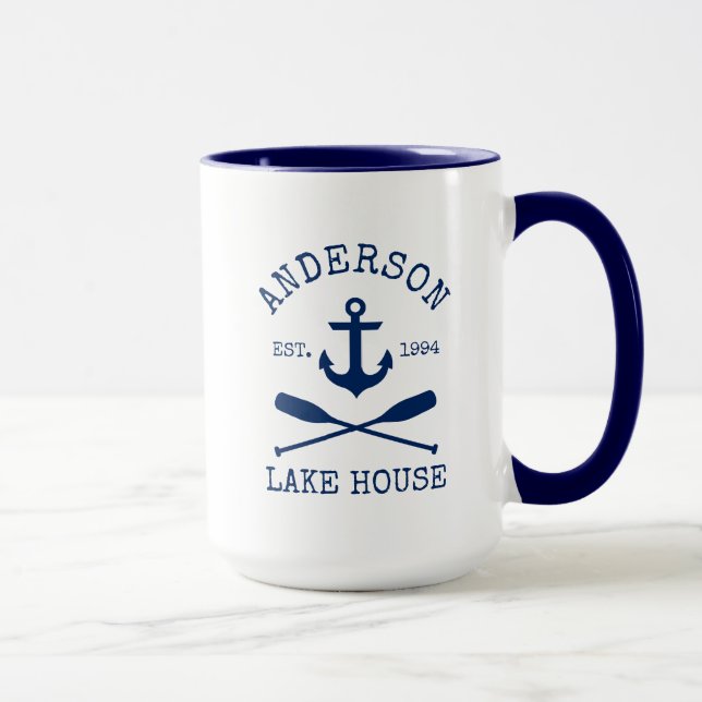 Nautical Blue Anchor Oars Name Lake House Large Mug (Right)