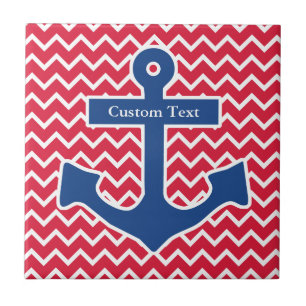 Nautical Blue Anchor on Red Chevron Background Tile