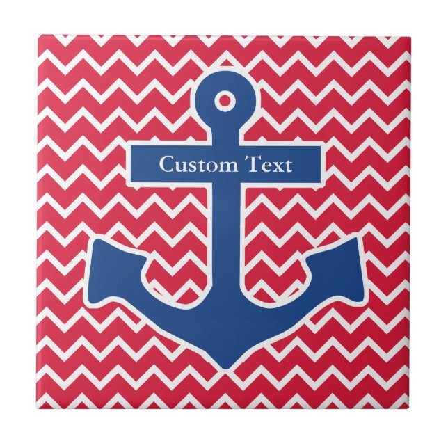 Nautical Blue Anchor on Red Chevron Background Tile (Front)