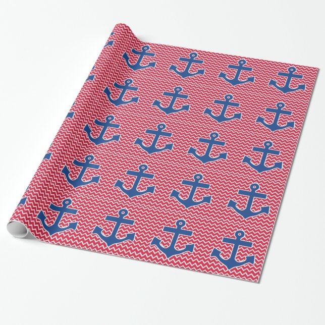 Nautical Blue Anchor on Red Chevron Background Wrapping Paper (Unrolled)