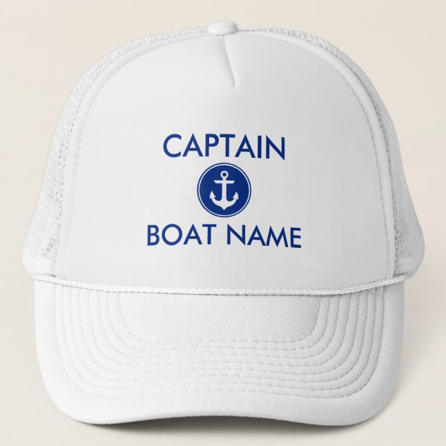 Nautical Blue Anchor Personalise Boat Captain Hat (Front)