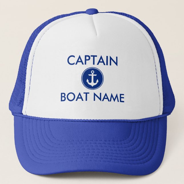 Nautical Blue Anchor Personalised Boat Captain Hat (Front)