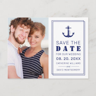 Nautical Blue Anchor Photo Wedding Save the Date Announcement Postcard