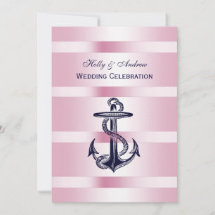 Nautical Blue Anchor Pink BG V Wedding Invitation
