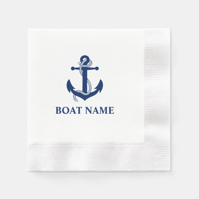 Nautical Blue Anchor Rope Boat Name Cocktail Napkin (Front)