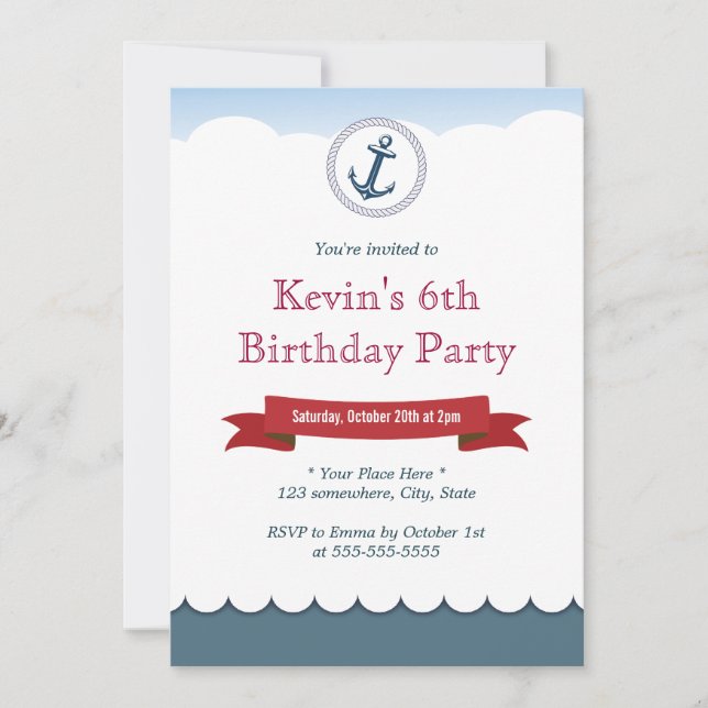 Nautical Blue Anchor & Sea Birthday Invitations (Front)