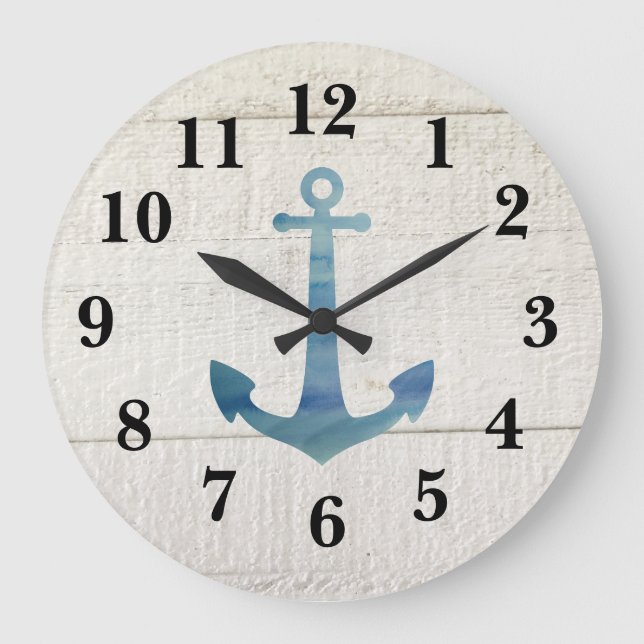 Nautical Blue Anchor Shiplap Rustic Decor Large Cl Large Clock (Front)
