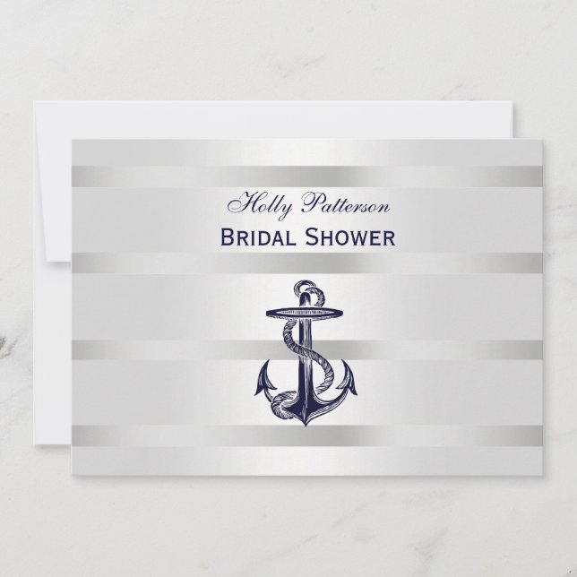 Nautical Blue Anchor Silver Wt BG H Bridal Shower Invitation (Front)