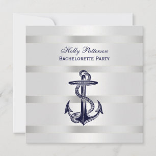 Nautical Blue Anchor Silver Wt BG SQ Bachelorette Invitation
