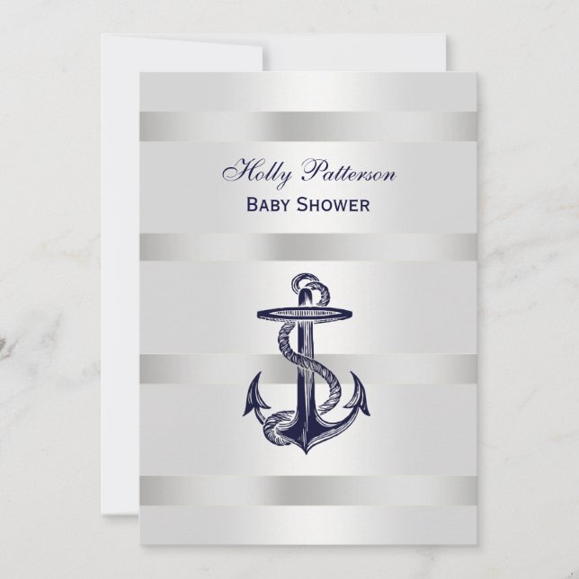 Nautical Blue Anchor Silver Wt BG V Baby Shower Invitation (Front)