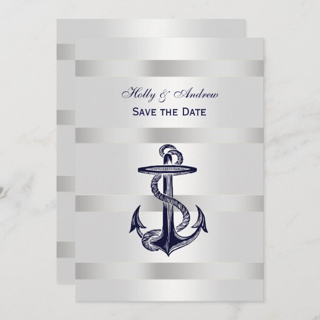 Nautical Blue Anchor Silver Wt BG V Save the Date Invitation (Front/Back)