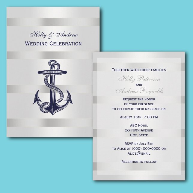 Nautical Blue Anchor Silver Wt BG V Wedding Invitation (Creator Uploaded)