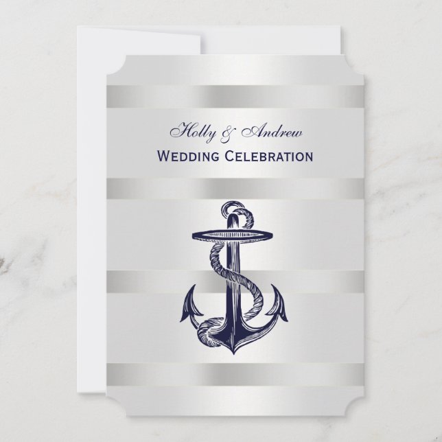Nautical Blue Anchor Silver Wt BG V Wedding T Invitation (Front)