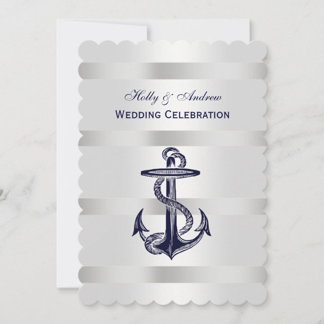 Nautical Blue Anchor Silver Wt BG V Wedding T Invitation (Front)