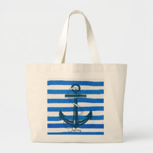 Nautical Blue Anchor Striped Large Tote Bag