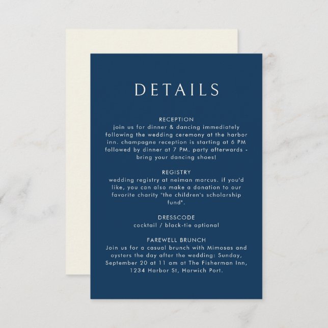 Nautical Blue Anchor Stylish Modern Ocean Wedding  Enclosure Card (Front/Back)