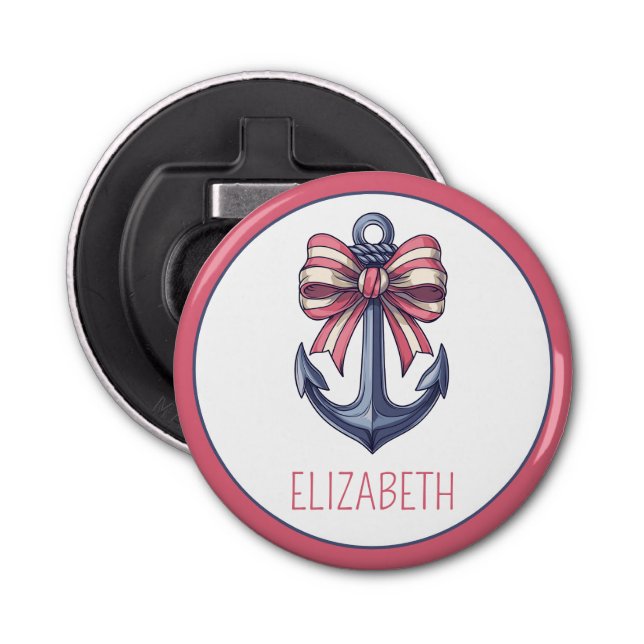 Nautical Blue Anchor With Red and White Stripe Bow Bottle Opener (Front)