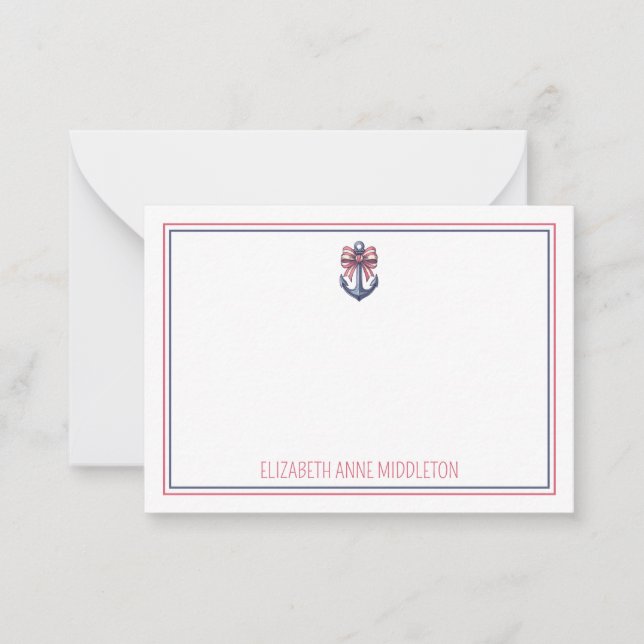 Nautical Blue Anchor With Red and White Stripe Bow Card (Front)