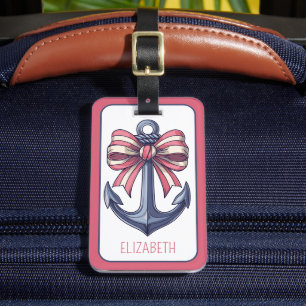 Nautical Blue Anchor With Red and White Stripe Bow Luggage Tag