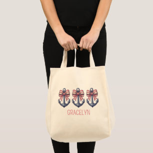 Nautical Blue Anchor With Red and White Stripe Bow Tote Bag