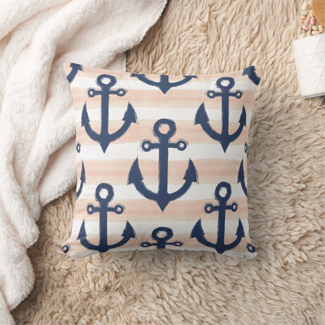Nautical Blue Anchors Beach House Lakeside Boho Cushion (Blanket)