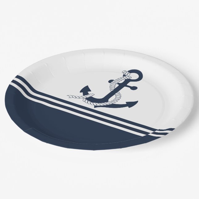 Nautical blue anchors with blue and white stripes paper plate (Angled)