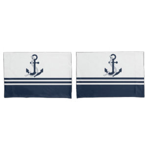 Nautical blue anchors with blue and white stripes pillowcase