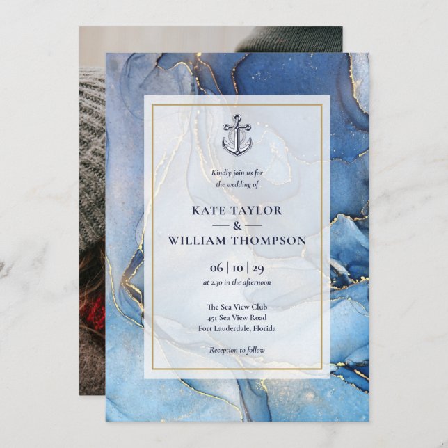 Nautical Blue And Gold Agate Anchor Wedding Photo Invitation (Front/Back)