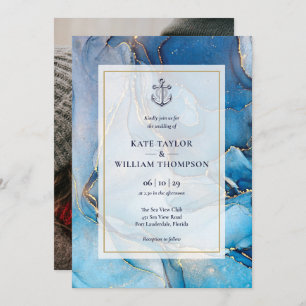 Nautical Blue And Gold Agate Anchor Wedding Photo Invitation