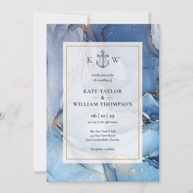 Nautical Blue And Gold Agate Monogram Wedding  Invitation (Front)