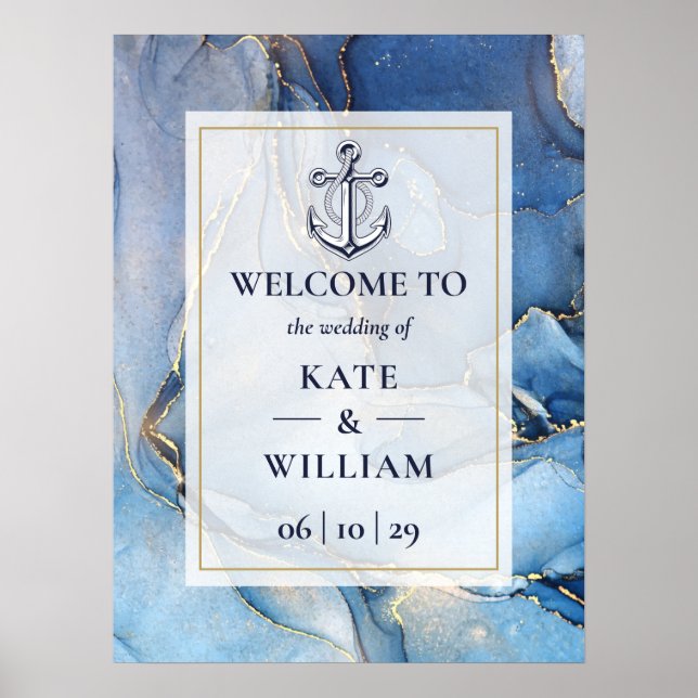 Nautical Blue And Gold Agate Wedding Welcome Sign (Front)