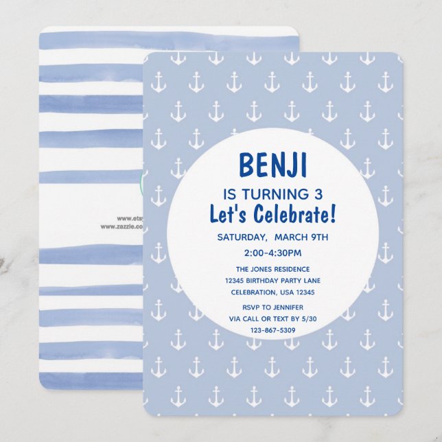 Nautical Blue and Navy Anchor Birthday Invitation (Front/Back)